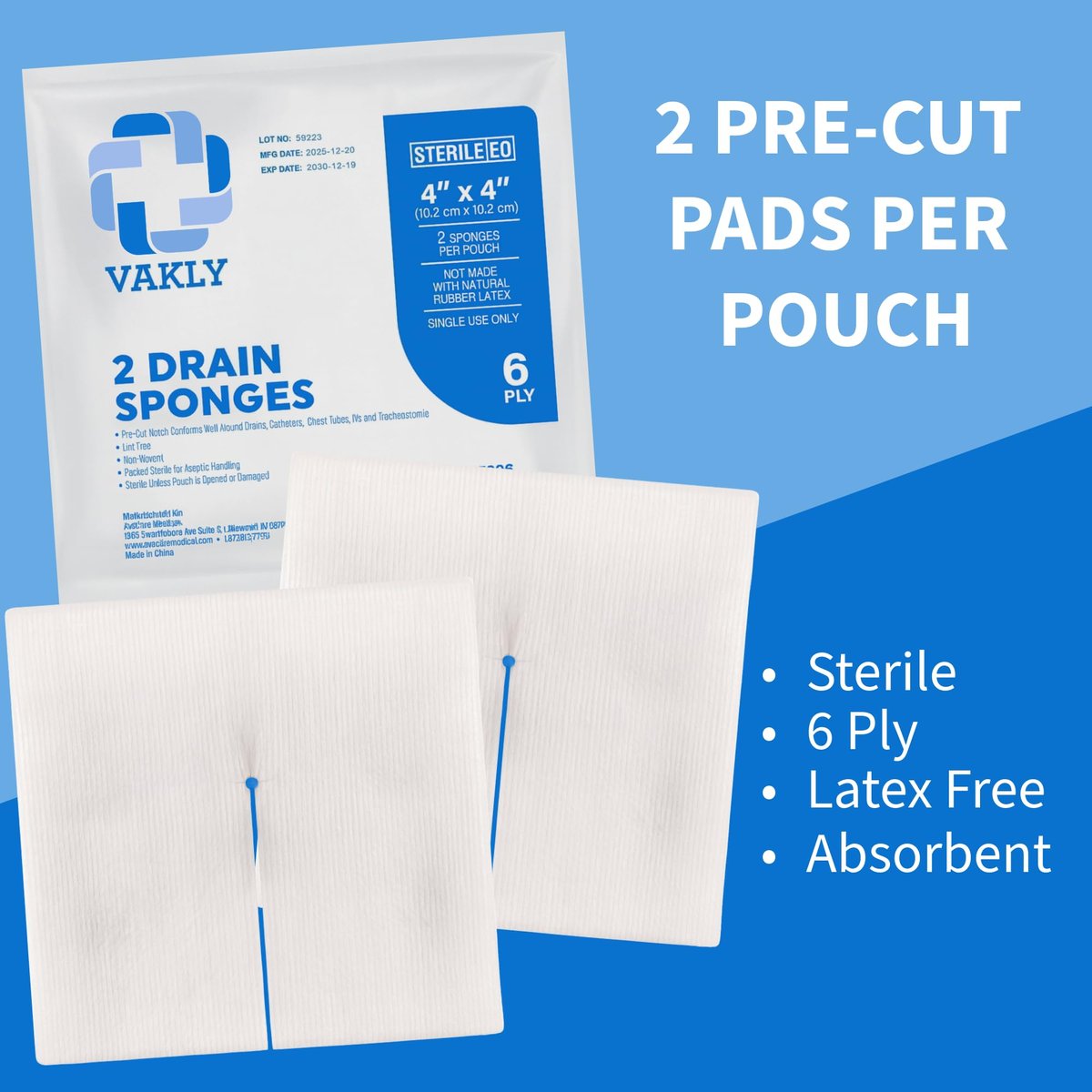 Vakly Split Drain Sponge Gaze 4x4 Steril 6-fach – 50 Stück (25 Packungen à 2) Vorgeschnittene saugfähige Non-Woven-Pads für I.V.-Leitungen, Tracheotomie & Wundversorgung