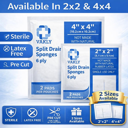 Vakly Split Drain Sponge Gaze 4x4 Steril 6-fach – 50 Stück (25 Packungen à 2) Vorgeschnittene saugfähige Non-Woven-Pads für I.V.-Leitungen, Tracheotomie & Wundversorgung