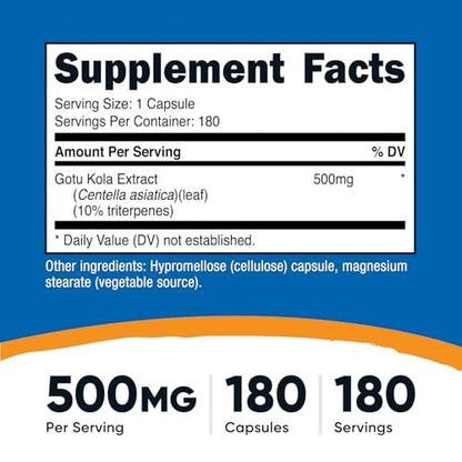 Nutricost Gotu Kola 500 mg – 180 Kapseln, vegetarisch, glutenfrei, nicht-GVO