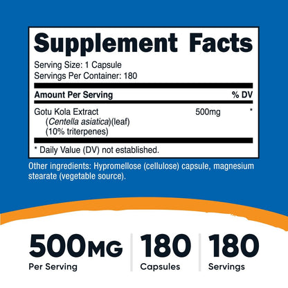 Nutricost Gotu Kola 500 mg – 180 Kapseln, vegetarisch, glutenfrei, nicht-GVO