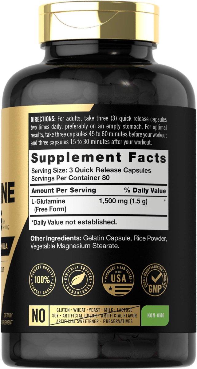 Carlyle L-Glutamin Kapseln | 1500 mg | 240 Stück | Fortschrittliche Athletenformel | Vor und nach dem Training | Non-GMO, glutenfrei