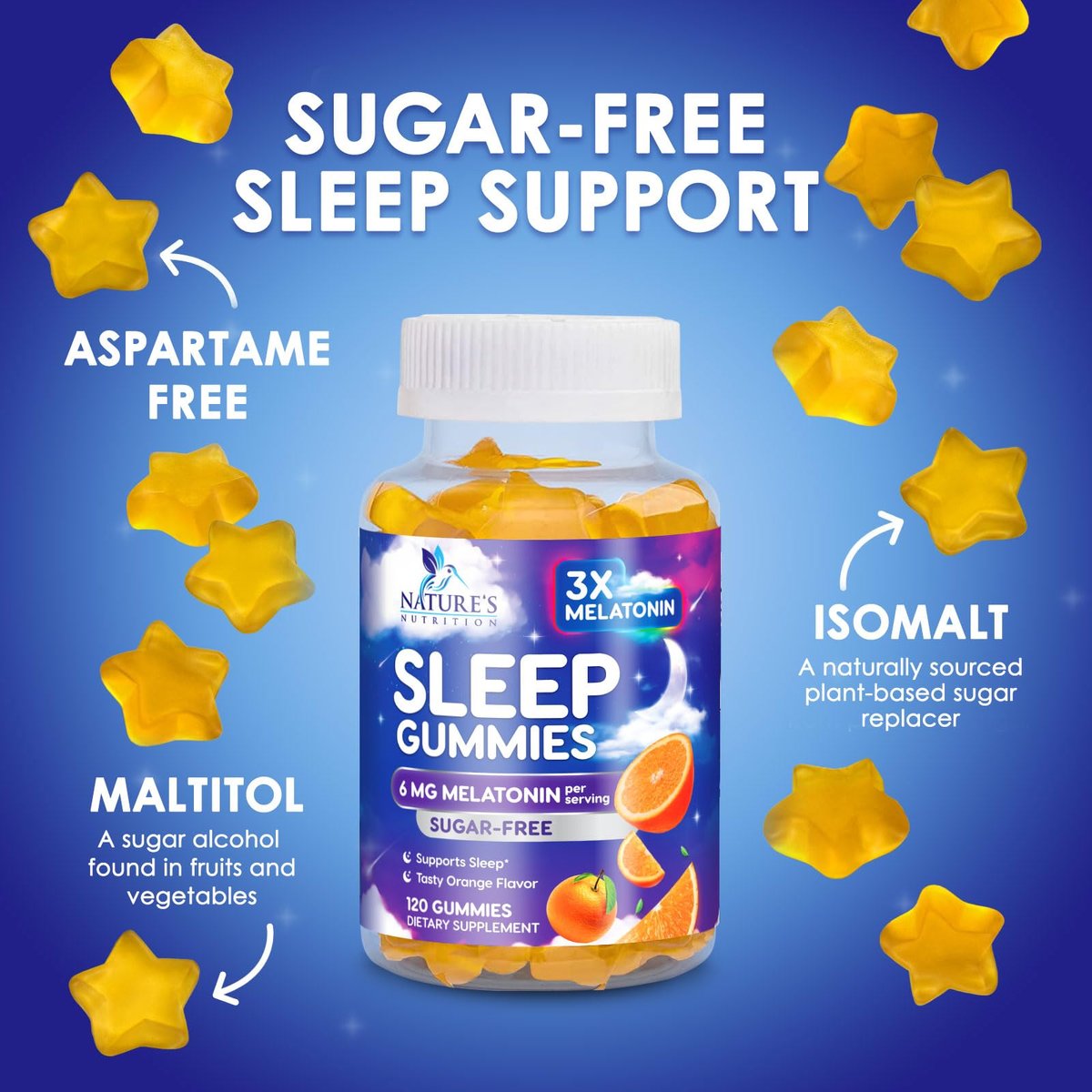 Melatonin Schlaf Gummies - 6 mg Melatonin pro Portion - Zuckerfreie Melatonin Gummis für Erwachsene - Extra starke Schlaf-Gummies - Unterstützt erholsamen Schlaf - Leckerer Orangen-Geschmack - 120 Gummies