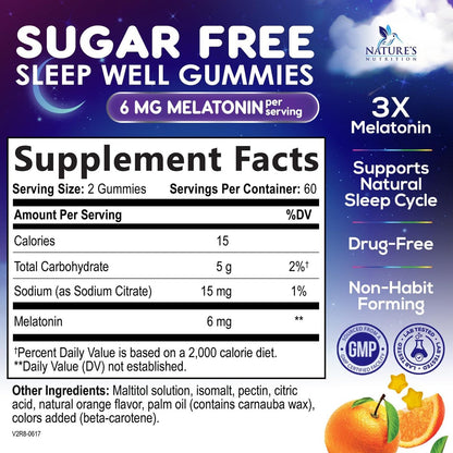Melatonin Schlaf Gummies - 6 mg Melatonin pro Portion - Zuckerfreie Melatonin Gummis für Erwachsene - Extra starke Schlaf-Gummies - Unterstützt erholsamen Schlaf - Leckerer Orangen-Geschmack - 120 Gummies
