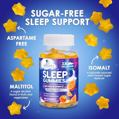 Melatonin Schlaf Gummies - 6 mg Melatonin pro Portion - Zuckerfreie Melatonin Gummis für Erwachsene - Extra starke Schlaf-Gummies - Unterstützt erholsamen Schlaf - Leckerer Orangen-Geschmack - 120 Gummies