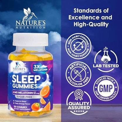 Melatonin Schlaf Gummies - 6 mg Melatonin pro Portion - Zuckerfreie Melatonin Gummis für Erwachsene - Extra starke Schlaf-Gummies - Unterstützt erholsamen Schlaf - Leckerer Orangen-Geschmack - 120 Gummies