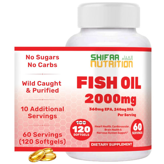 Halal Omega 3 Fischöl 2000mg – 60 Portionen, 120 Kapseln – Wild gefangen, gereinigt, Keto-freundlich, Nicht-GVO & Glutenfrei – Gehirn-, Herz- & Herz-Kreislauf-Unterstützung – Burpless Fischöl Omega 3 Nahrungsergänzungsmittel