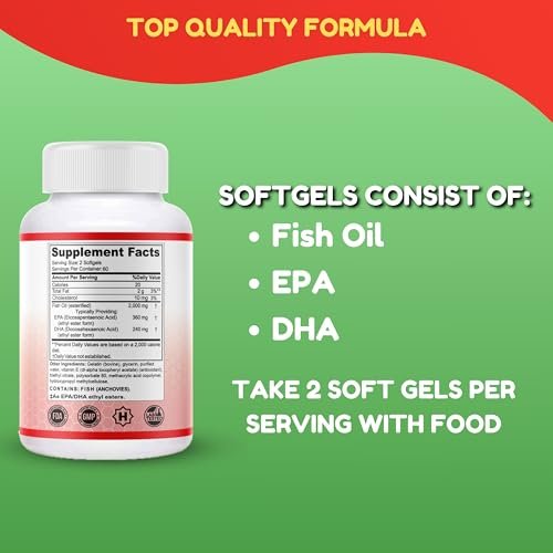 Halal Omega 3 Fischöl 2000mg – 60 Portionen, 120 Kapseln – Wild gefangen, gereinigt, Keto-freundlich, Nicht-GVO & Glutenfrei – Gehirn-, Herz- & Herz-Kreislauf-Unterstützung – Burpless Fischöl Omega 3 Nahrungsergänzungsmittel