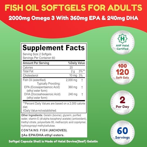 Halal Omega 3 Fischöl 2000mg – 60 Portionen, 120 Kapseln – Wild gefangen, gereinigt, Keto-freundlich, Nicht-GVO & Glutenfrei – Gehirn-, Herz- & Herz-Kreislauf-Unterstützung – Burpless Fischöl Omega 3 Nahrungsergänzungsmittel