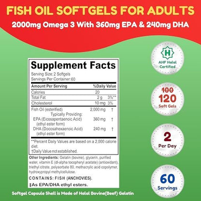 Halal Omega 3 Fischöl 2000mg – 60 Portionen, 120 Kapseln – Wild gefangen, gereinigt, Keto-freundlich, Nicht-GVO & Glutenfrei – Gehirn-, Herz- & Herz-Kreislauf-Unterstützung – Burpless Fischöl Omega 3 Nahrungsergänzungsmittel
