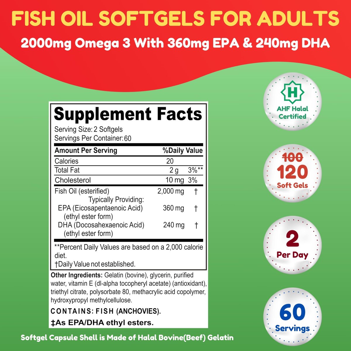 Halal Omega 3 Fischöl 2000mg – 60 Portionen, 120 Kapseln – Wild gefangen, gereinigt, Keto-freundlich, Nicht-GVO & Glutenfrei – Gehirn-, Herz- & Herz-Kreislauf-Unterstützung – Burpless Fischöl Omega 3 Nahrungsergänzungsmittel