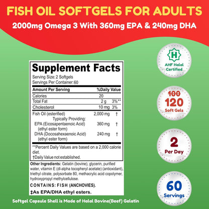 Halal Omega 3 Fischöl 2000mg – 60 Portionen, 120 Kapseln – Wild gefangen, gereinigt, Keto-freundlich, Nicht-GVO & Glutenfrei – Gehirn-, Herz- & Herz-Kreislauf-Unterstützung – Burpless Fischöl Omega 3 Nahrungsergänzungsmittel