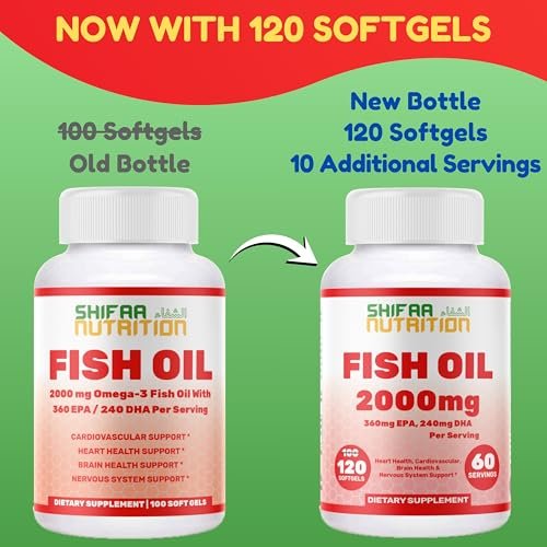 Halal Omega 3 Fischöl 2000mg – 60 Portionen, 120 Kapseln – Wild gefangen, gereinigt, Keto-freundlich, Nicht-GVO & Glutenfrei – Gehirn-, Herz- & Herz-Kreislauf-Unterstützung – Burpless Fischöl Omega 3 Nahrungsergänzungsmittel