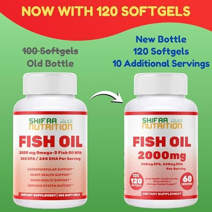 Halal Omega 3 Fischöl 2000mg – 60 Portionen, 120 Kapseln – Wild gefangen, gereinigt, Keto-freundlich, Nicht-GVO & Glutenfrei – Gehirn-, Herz- & Herz-Kreislauf-Unterstützung – Burpless Fischöl Omega 3 Nahrungsergänzungsmittel