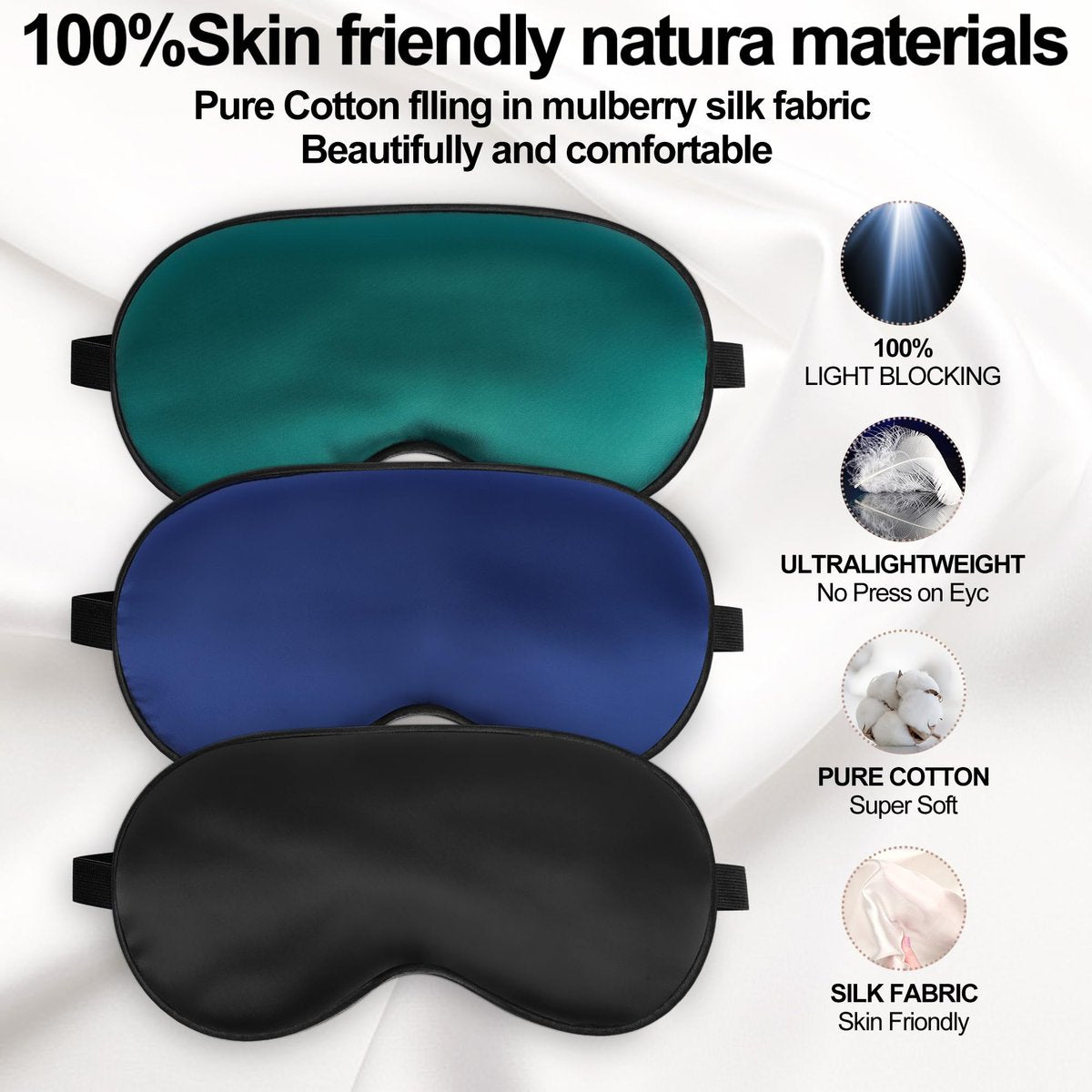 Seidenschlafmaske für erholsamen Schlaf mit verstellbarem Riemen - Satin-Blickdichte Schlafbrille für Männer & Frauen (Schwarz, Blau, Grün)