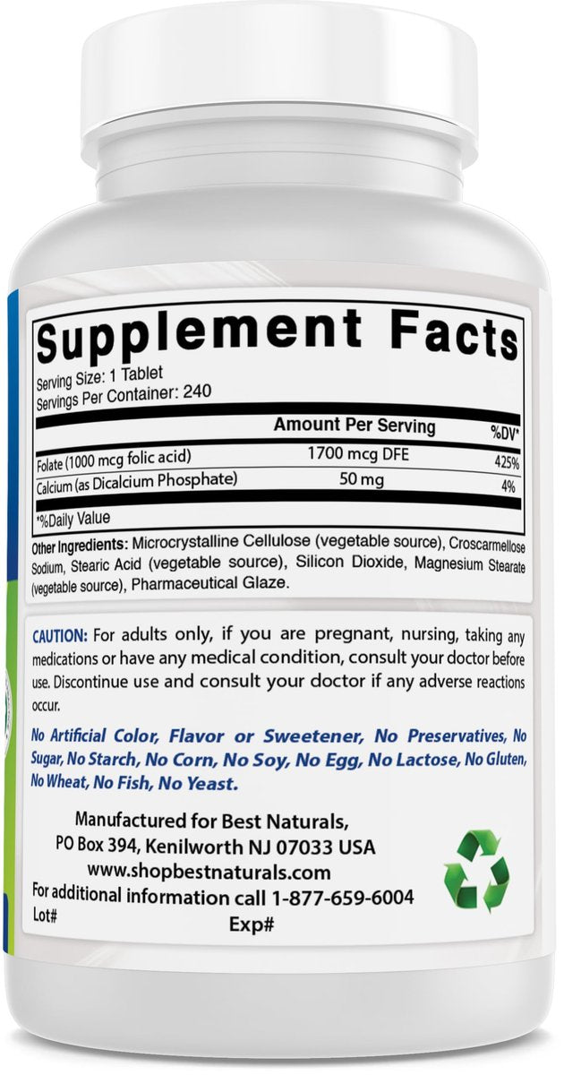 Best Naturals Folsäure 1000 mcg (Vitamin B9), 240 Tabletten