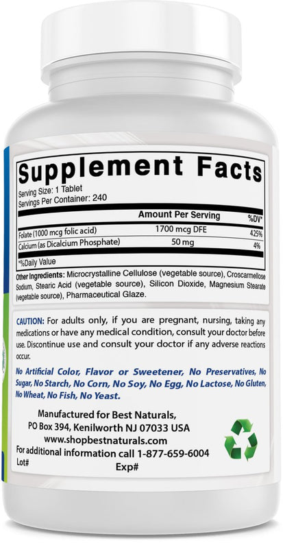 Best Naturals Folsäure 1000 mcg (Vitamin B9), 240 Tabletten