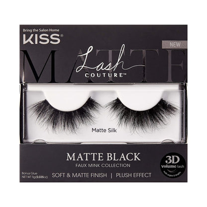 KISS Lash Couture Matte Black Faux Mink Collection Falsche Wimpern, 14 mm, 3D-Volumen, weiches & mattes Finish, Plüscheffekt, einfach anzubringen, wiederverwendbar, 1 Paar Fake Lashes, Stil 'Matte Silk'