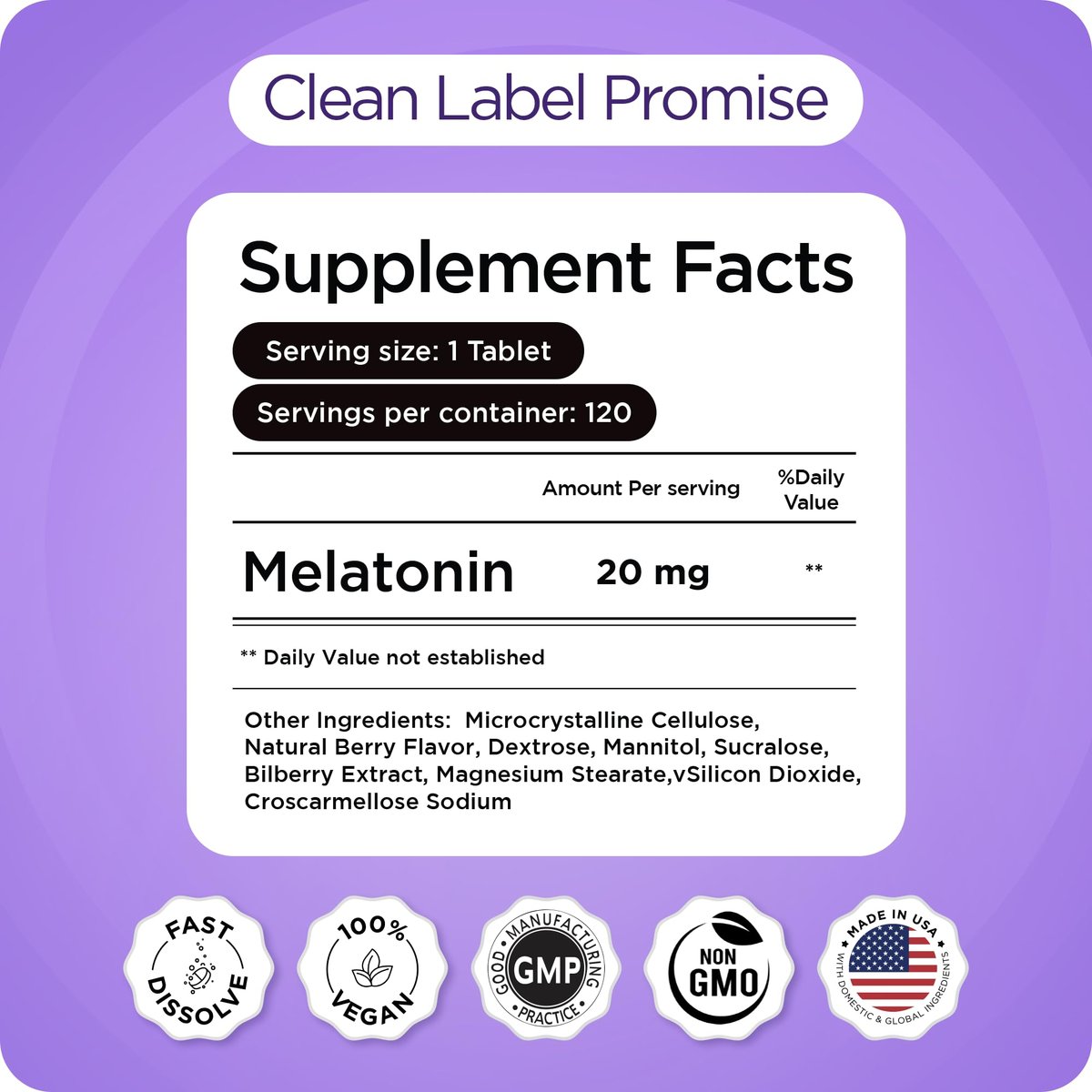 Melatonin 20mg Fast-Dissolve Tabletten - Hochdosiert, Schnellwirkend, Natürlicher Schlafunterstützung - Schlafhilfe für Erwachsene - Nicht benommen, Arzneimittelfrei - 120 Schlafpastillen (120 Stück)
