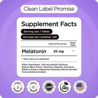 Melatonin 20mg Fast-Dissolve Tabletten - Hochdosiert, Schnellwirkend, Natürlicher Schlafunterstützung - Schlafhilfe für Erwachsene - Nicht benommen, Arzneimittelfrei - 120 Schlafpastillen (120 Stück)