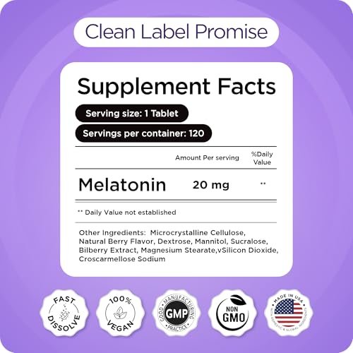 Melatonin 20mg Fast-Dissolve Tabletten - Hochdosiert, Schnellwirkend, Natürlicher Schlafunterstützung - Schlafhilfe für Erwachsene - Nicht benommen, Arzneimittelfrei - 120 Schlafpastillen (120 Stück)