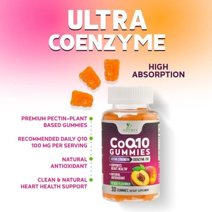 CoQ10 Gummis - Coenzym Q10 100mg pro Portion - 3-fache Stärke, hohe Absorption, Antioxidans-Ergänzung für Herzunterstützung & Energieproduktion - 30 Gummis