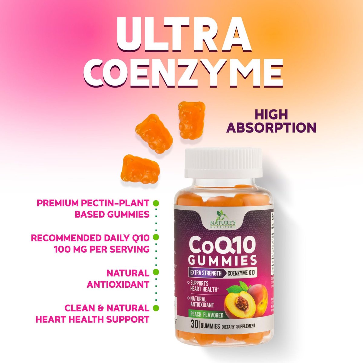 CoQ10 Gummis - Coenzym Q10 100mg pro Portion - 3-fache Stärke, hohe Absorption, Antioxidans-Ergänzung für Herzunterstützung & Energieproduktion - 30 Gummis
