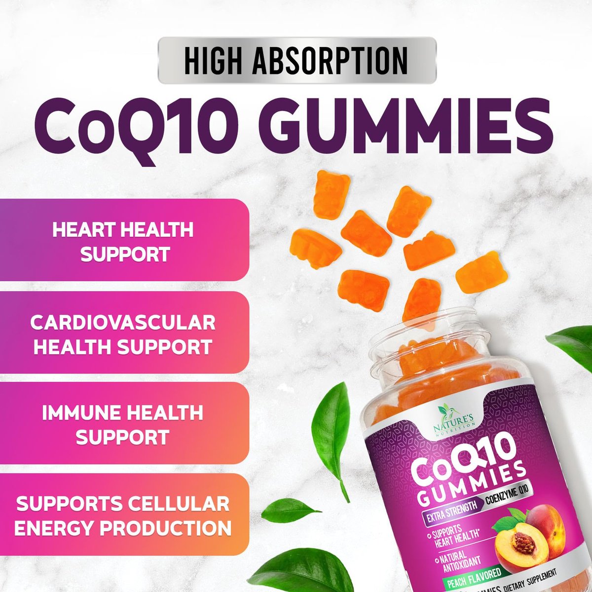 CoQ10 Gummis - Coenzym Q10 100mg pro Portion - 3-fache Stärke, hohe Absorption, Antioxidans-Ergänzung für Herzunterstützung & Energieproduktion - 30 Gummis