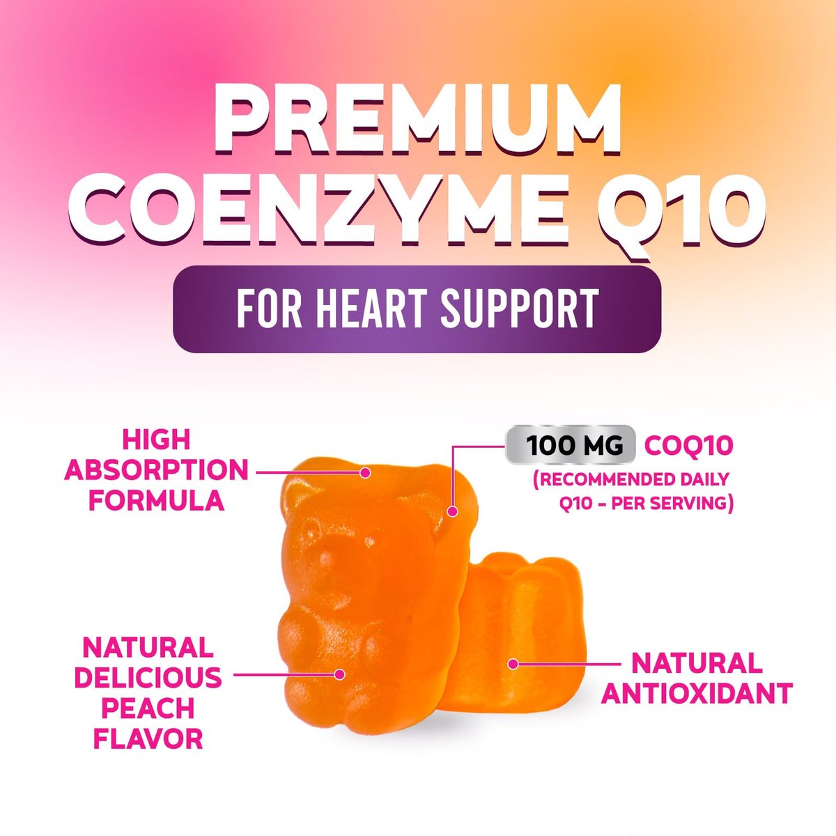CoQ10 Gummis - Coenzym Q10 100mg pro Portion - 3-fache Stärke, hohe Absorption, Antioxidans-Ergänzung für Herzunterstützung & Energieproduktion - 30 Gummis