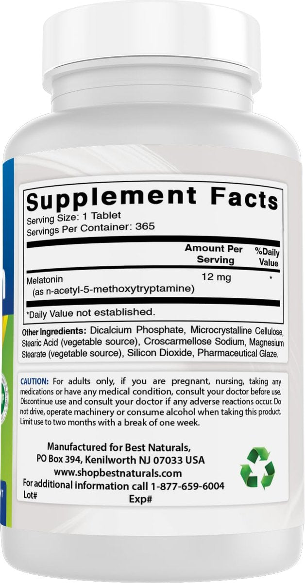 Best Naturals Melatonin 12 mg – 365 Tabletten (Jahresvorrat) – Schlafhilfe ohne Medikamente für erholsamen Schlaf und Entspannung