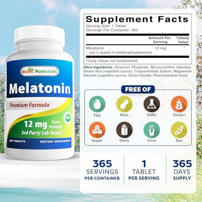 Best Naturals Melatonin 12 mg – 365 Tabletten (Jahresvorrat) – Schlafhilfe ohne Medikamente für erholsamen Schlaf und Entspannung