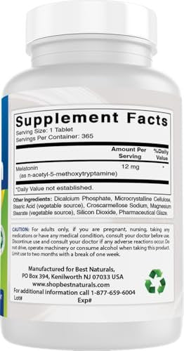 Best Naturals Melatonin 12 mg – 365 Tabletten (Jahresvorrat) – Schlafhilfe ohne Medikamente für erholsamen Schlaf und Entspannung
