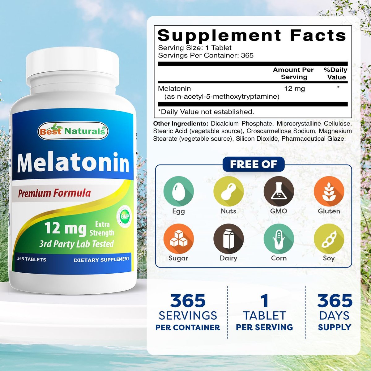 Best Naturals Melatonin 12 mg – 365 Tabletten (Jahresvorrat) – Schlafhilfe ohne Medikamente für erholsamen Schlaf und Entspannung