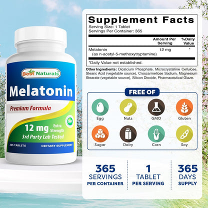 Best Naturals Melatonin 12 mg – 365 Tabletten (Jahresvorrat) – Schlafhilfe ohne Medikamente für erholsamen Schlaf und Entspannung