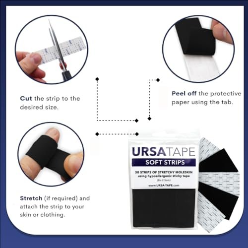 URSA Tape Soft Strips Blasenpflaster - 30er-Pack (Schwarz) | Dehnbares Moleskin-Gewebeband | Hochbelastbare Blasenschutzstreifen | Rückstandsfreie Pflaster für Füße & Körper | Klebepolsterung | 3,14 x 0,98 Zoll