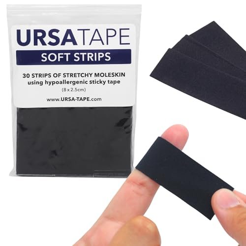 URSA Tape Soft Strips Blasenpflaster - 30er-Pack (Schwarz) | Dehnbares Moleskin-Gewebeband | Hochbelastbare Blasenschutzstreifen | Rückstandsfreie Pflaster für Füße & Körper | Klebepolsterung | 3,14 x 0,98 Zoll