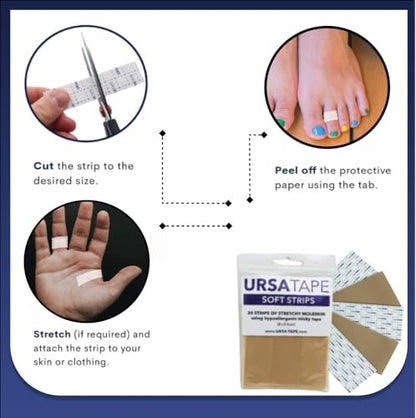 URSA Tape Soft Strips – 30er Pack (Beige) | Dehnbares Moleskin-Pflasterband | Hochbelastbare Blasenprävention | Rückstandsfreie Pflaster für Füße & Körper | Klebepolster | 3,14 x 0,98 Zoll