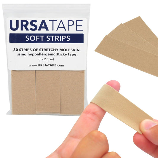 URSA Tape Soft Strips – 30er Pack (Beige) | Dehnbares Moleskin-Pflasterband | Hochbelastbare Blasenprävention | Rückstandsfreie Pflaster für Füße & Körper | Klebepolster | 3,14 x 0,98 Zoll