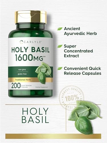 Carlyle Heiliges Basilikum Kapseln | 200 Stück | Tulsi Heiliges Basilikum Blattextrakt | Pflanzliches Nahrungsergänzungsmittel | Non-GMO, Glutenfrei