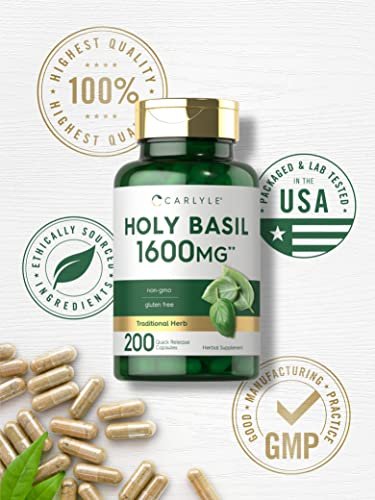 Carlyle Heiliges Basilikum Kapseln | 200 Stück | Tulsi Heiliges Basilikum Blattextrakt | Pflanzliches Nahrungsergänzungsmittel | Non-GMO, Glutenfrei