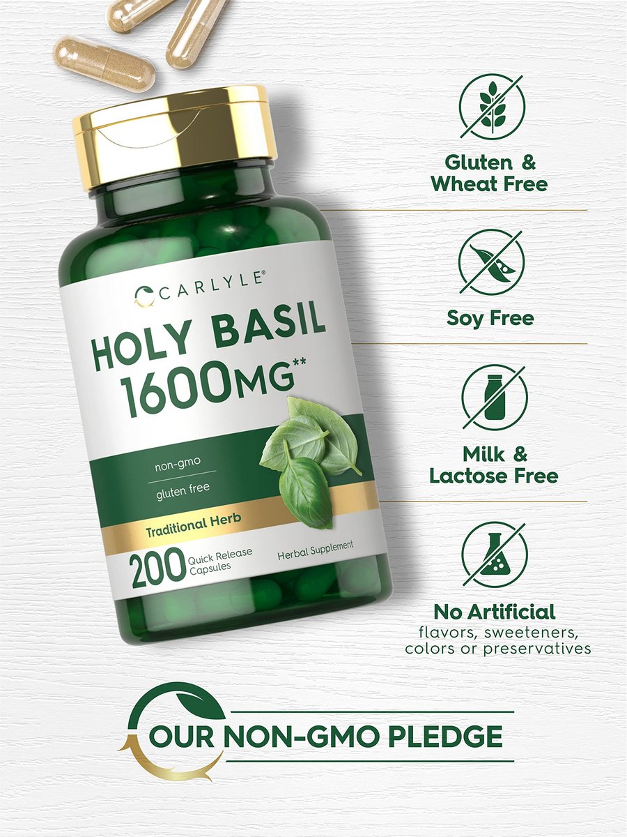 Carlyle Heiliges Basilikum Kapseln | 200 Stück | Tulsi Heiliges Basilikum Blattextrakt | Pflanzliches Nahrungsergänzungsmittel | Non-GMO, Glutenfrei