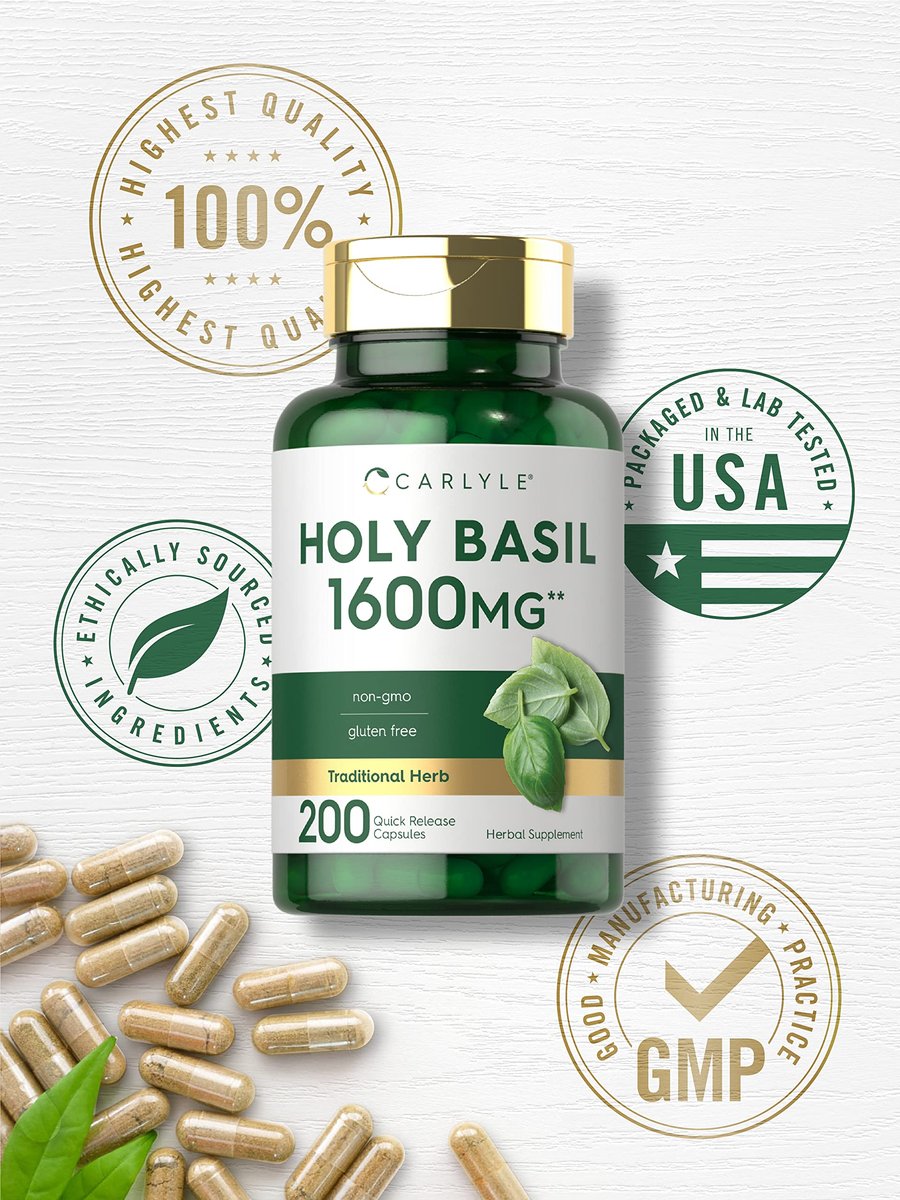 Carlyle Heiliges Basilikum Kapseln | 200 Stück | Tulsi Heiliges Basilikum Blattextrakt | Pflanzliches Nahrungsergänzungsmittel | Non-GMO, Glutenfrei