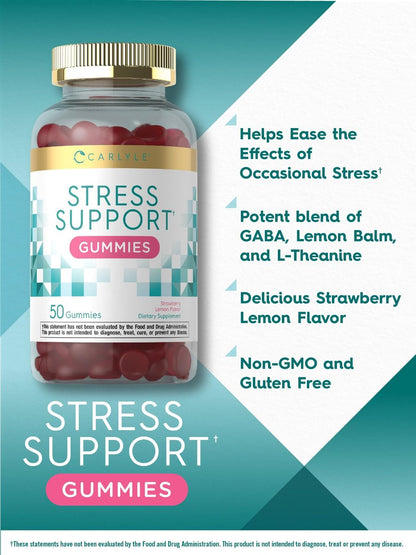 Carlyle Stress Support Gummis | 50 Stück | mit GABA & L-Theanin | Erdbeer-Zitronen-Geschmack | Für Frauen und Männer | Non-GMO & Glutenfrei