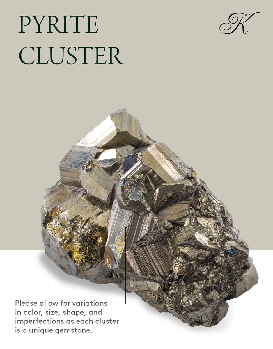 KALIFANO Natürlicher Pyrit-Cluster – Hochwertiger Eisenkies aus Peru mit Heilkräften (Infokarte) – Narrengold-Stein für Reiki, Willenskraft und Manifestation