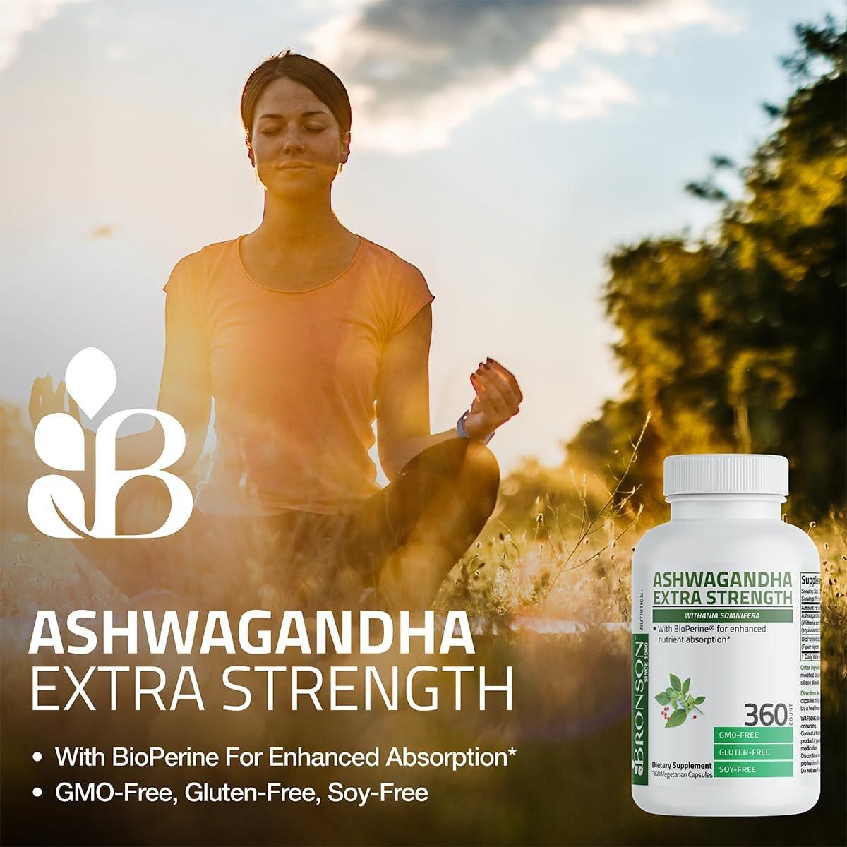 Bronson Ashwagandha Extra Stark – Stress- & Stimmungsunterstützung mit BioPerine – Nicht-GMO Formel, 120 vegane Kapseln