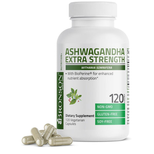 Bronson Ashwagandha Extra Stark – Stress- & Stimmungsunterstützung mit BioPerine – Nicht-GMO Formel, 120 vegane Kapseln