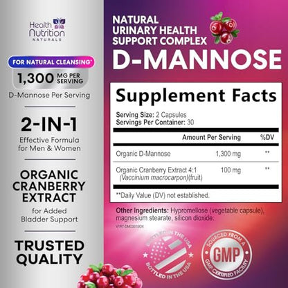 D-Mannose Kapseln – 1.300 mg Bio D-Mannose mit Bio Cranberry Extrakt – Schnelle natürliche Unterstützung für Harnwege & Blase – Für Frauen & Männer – 60 Kapseln