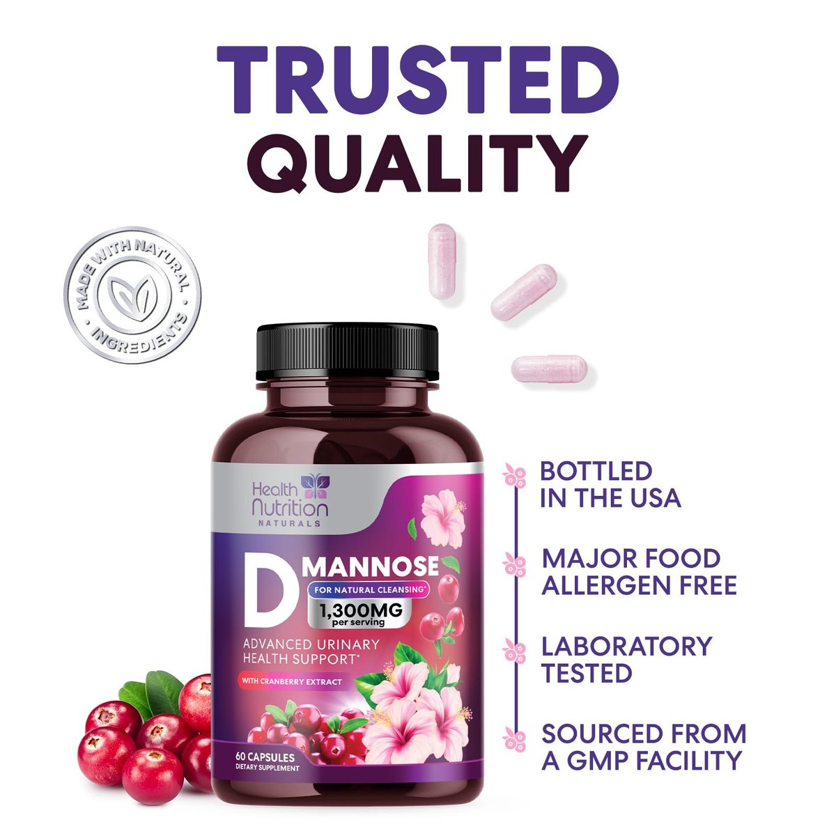 D-Mannose Kapseln – 1.300 mg Bio D-Mannose mit Bio Cranberry Extrakt – Schnelle natürliche Unterstützung für Harnwege & Blase – Für Frauen & Männer – 60 Kapseln