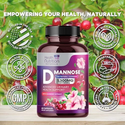 D-Mannose Kapseln – 1.300 mg Bio D-Mannose mit Bio Cranberry Extrakt – Schnelle natürliche Unterstützung für Harnwege & Blase – Für Frauen & Männer – 60 Kapseln