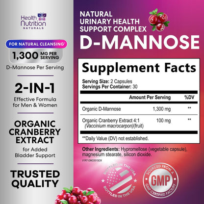 D-Mannose Kapseln – 1.300 mg Bio D-Mannose mit Bio Cranberry Extrakt – Schnelle natürliche Unterstützung für Harnwege & Blase – Für Frauen & Männer – 60 Kapseln