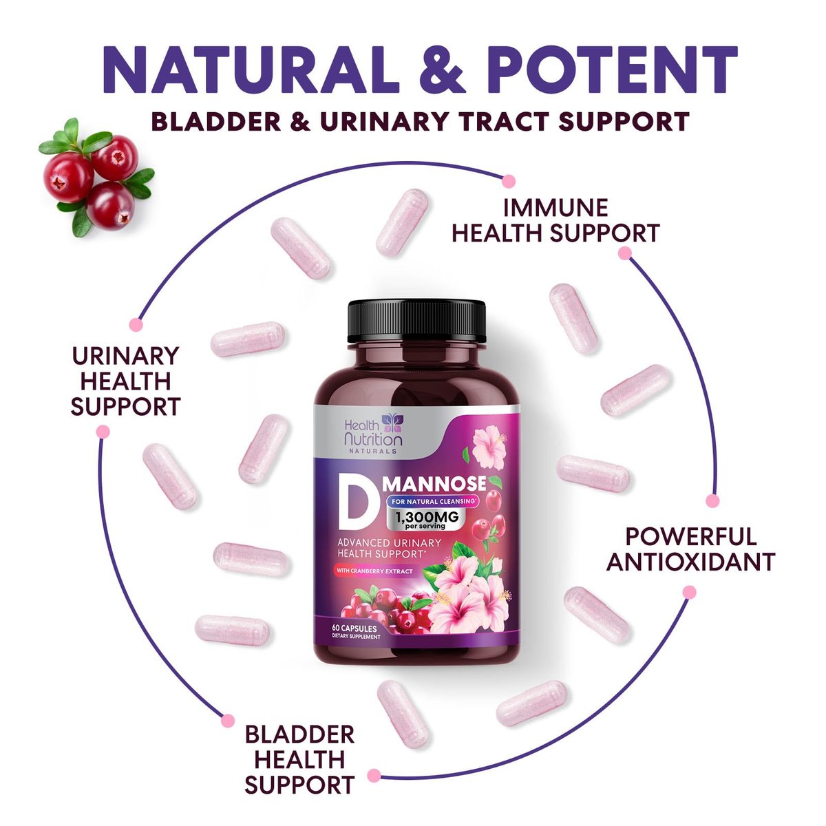 D-Mannose Kapseln – 1.300 mg Bio D-Mannose mit Bio Cranberry Extrakt – Schnelle natürliche Unterstützung für Harnwege & Blase – Für Frauen & Männer – 60 Kapseln